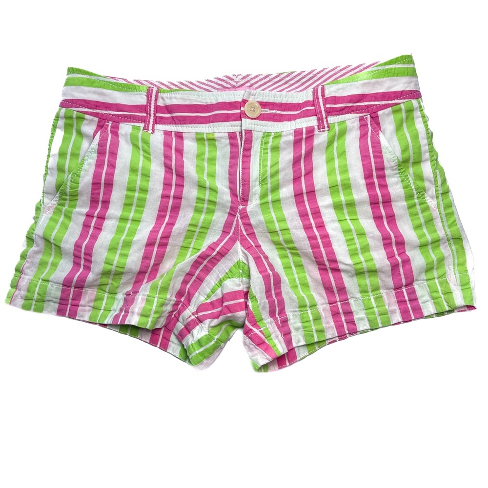 Lilly Pulitzer Striped Shorts Lime Green & Pink Gauze Cotton Sz 4 Summer Preppy